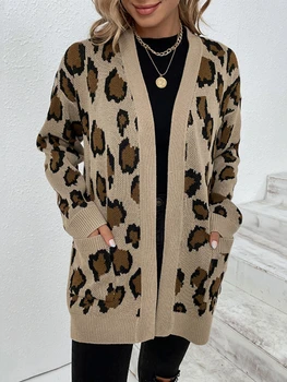 Нова есенно-зимна жилетка с леопардовым принтом, пуловер, дамско яке оверсайз, без зелен дебел топъл вязаный жилетка за жени 2023