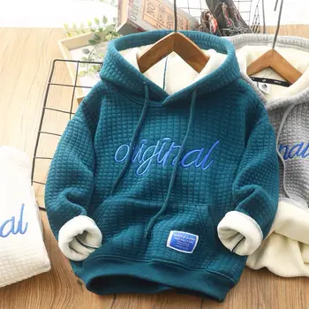 Пуловер на руното облицовки за момчета 2023, есенно-зимния нов случайни топ за деца на средни и големи размери, детски hoody с бродерия