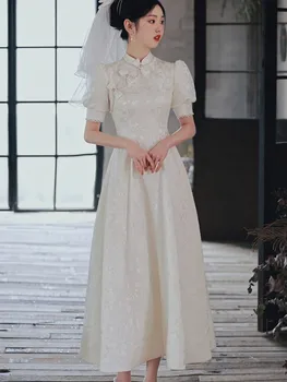 Секси Елегантна бяла сватбена рокля с пищни ръкави, рокля Чонсам в китайски стил, обличам midi трапецовидна форма, с висока талия, винтажное рокля за бала
