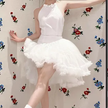 Flwoer, расшитое мъниста сетчатое рокля с неправилна форма, сладко Черно-бяло Кавайное сладко секси рокля с отворен гръб, вечер на раждане 2023, Лятна новост