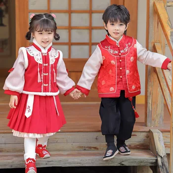 Костюм Тан, детски китайски коледен костюм, зимни стил, детска празнична облекло за брат и сестра, удебелена облекло Hanfu за момчета и Момичета