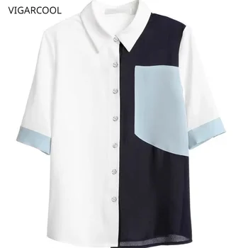 Лятна новост 2023, дамски ежедневни тънка шифоновая риза с малък контрастен цветен дизайн, ежедневен риза с къс ръкав в гонконгском стил