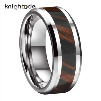 пръстен от волфрам карбид 8 мм, дървена инкрустация За мъже и Жени, Годежен пръстен, Годежен пръстен, Подарък, Сребро с Полиран ръб, Комфортна кацане