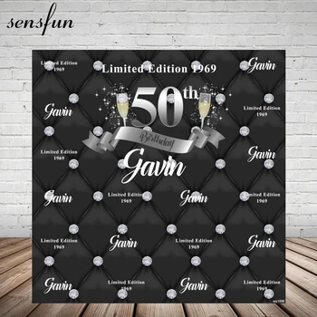 Sensfun Черно тематичен фон с блестящи диаманти и шампанско за парти в чест на 50-годишнината от фон за снимки във фото студио за поръчка