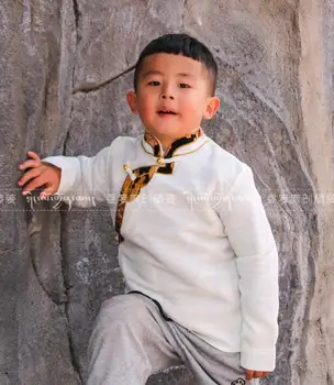 Китайската тибетски тениска за момчета пролетни блузи бели традиционни детски