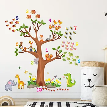 Големи Животни, стикери за стена, с дървета за детски стаи, спални момчета, декорация на стените в детската стая, етикети с мультяшными номера, еко художествени стенописи