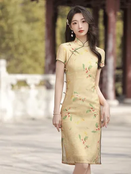 Винтажное женското Сексуално коварен Ципао с цепка, традиционен китайски памучно семе и лененото рокля Чонсам с флорални принтом, вечерна рокля
