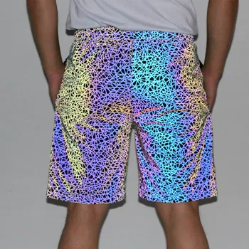 Летни мъжки цветни ивици светлоотразителни шорти хип-хоп, улични ежедневни къси гащи мъжки нощен клуб с костюм еластичен колан Бермудските острови