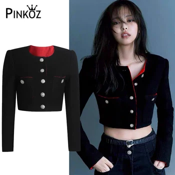 Pinkoz, ново модерно есенно-зимния късо палто, черни панталони върховете в готически стил за момичета, стилен однобортный туид яке Jennie de mujer ZA