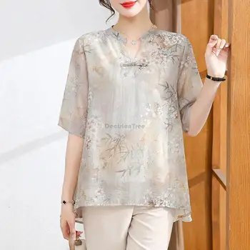2023 лятна нова китайска шифоновая модни подобрена блуза-чонсам в китайски стил с къс ръкав, женски костюм тан, свободен всекидневен костюм тан, топ s358