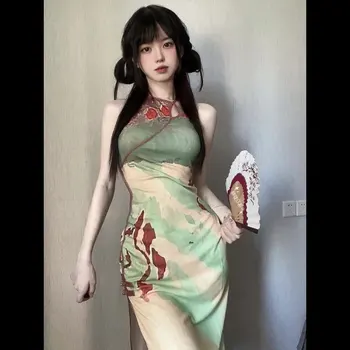 2023 новите китайски рокля Ципао без ръкави с отвори, по-добро женско секси рокля Чонсам с прерязано и нередовни бретельками, подобрено рокля
