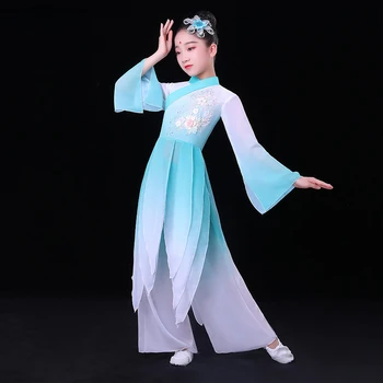 Класически танцови костюми Елегантен китайски танц костюм Янко, дрехи за изпълнения на живо, фен, чадър, танцови, костюм с барабана на талията