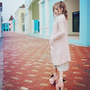 Принцеса сладка Лолита розово-лилав пуловер BOBON21 дълго яке обрат дълга жилетка за момичета в студентски стил C1390