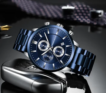 Класически бизнес мъжки часовници с мулти-функционален календар, Японски кварцов механизъм, водоустойчив въжета от неръждаема стомана, модерен ръчен часовник