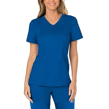Однотонная униформи на медицински сестри, блуза, за клиники, Блузи, Дамски Работна форма за медицински сестри с къс ръкав, Блуза, за да се грижи за джобове, и Униформи за работна