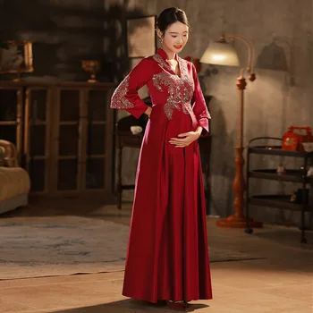 Китайски Дрехи Xiuhe Qipao за Бременни Булки Червен Цвят, с Големи Размери, Чонсам с Висока Талия, За Бременни Жени, Сватбена Рокля за Наздравици 2023