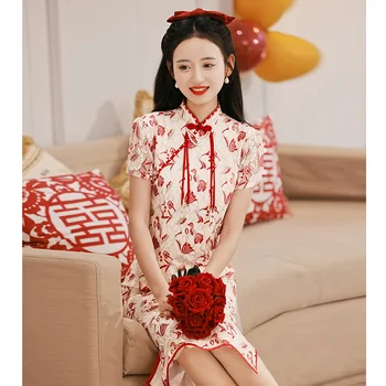 Китайски Стил, къс ръкав, Ципао Чонсам, винтажное класически китайски рокля с шал яка подпора, секси вечерна рокля с цепка по височина