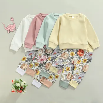 FOCUSNORM, 4 цвята, есенни комплекти сладък дрехи за малките момичета, обикновен пуловер с дълги ръкави, hoody, блузи, Панталони с флорални принтом 0-24 м