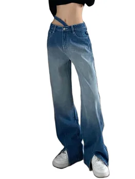 Нови дамски ежедневни прави дънки y2k с цепка, модни дънкови панталони с висока талия, зашити градиентной расцветкой, с джоб