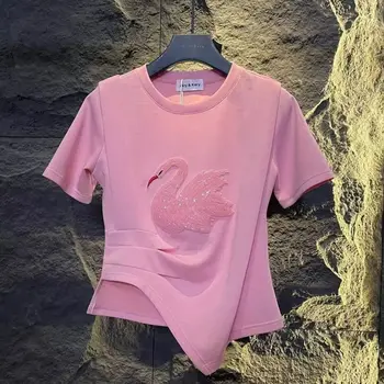 Проста и елегантна стрейчевая тениска за офис дам - Розови тениски с прерязано и бръчки във формата на лебед, бродирани с пайети, за жени, тениска оверсайз