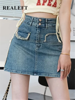 REALEFT/пролет-лято стилни дамски дънкови къси поли 2023, новост, с джобове с висока талия и секси мини-дънки, поли трапецовидна форма, женски