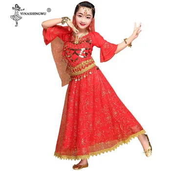 Детски комплект костюми за танци в Боливуд, Източен, ориенталски танци за момичета, индийското сари, детски шифоновый костюм за изяви на сцената