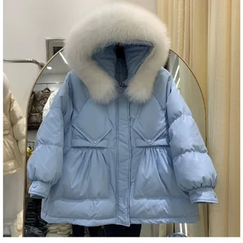 Зимни якета за жени 2023, паркове с качулка, пуховое палто със средна дължина 90 см, яке в бяло утином топола с яка от естествен лисьего кожа, връхни дрехи