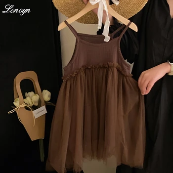 Lenoyn Модни детски дрехи 2023, Лятно ново сетчатое рокля на бретелях, модно принцеса рокля за момичета