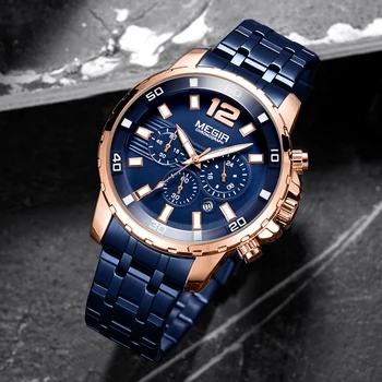 Мъжки кварцов часовник MEGIR с хронограф, синия аналогов часовник от неръждаема стомана за мъже, 24-часов дисплей, водоустойчив, светлинен