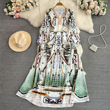 Пролет-есен дизайнерско Макси рокля с V-образно деколте и дълъг ръкав-фенерче, с висока талия, ретро принт, дълга рокля за Макси жени, Дамски Дрехи A9197