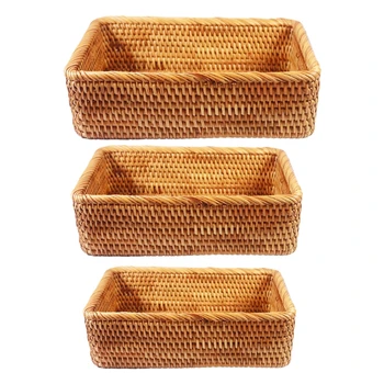 Правоъгълна кошница ръчно изработени от ратан за съхранение на шоколадови бонбони, Тава за пикник, прибори за хляб