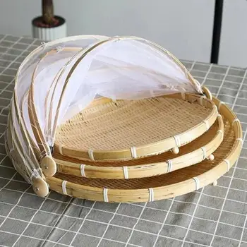 Ръчно правоъгълна бамбук Палатка за подаване на храна Кошница За Съхранение на Тава Мрежест Контейнер За Съхранение С марля капак