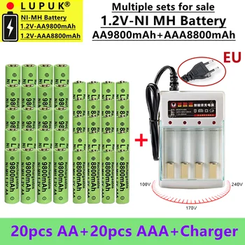 LUPUK - Нова Акумулаторна батерия с голям капацитет 1,2 Волта, тип АА, NI MH Батерия, AA9800 ма + AAA8800 ма, Продава се с комплект за автомобил, зарядно устройство