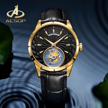 Мъжки часовник AESOP Business Trend от естествена кожа с Турбийоном, механични часовници, сапфирен кристал, водоустойчив часовници