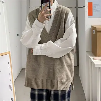 Мъжки пуловер, жилетка, обикновен дизайн, вязаный жилетка с V-образно деколте, стилни свободна модни градинска на горно облекло, студентски ретро Harajuku Y155