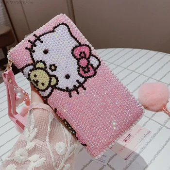 Sanrio Hello Kitty, плочки, изкуствен кристал, трендови дамски дълги портфейли Y2k 2023, Нова луксозна модна розова чанта с цип с няколко карти