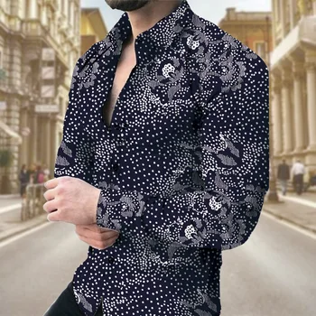 Мъжки реколта уютни ризи с графичен принтом, блузи с дълъг ръкав и отложным яка, копчета, ежедневни риза, пролетно градинска мода