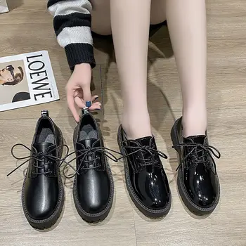 2023 г. Нови малки кожени обувки реколта британския стил, черна работна дамски обувки