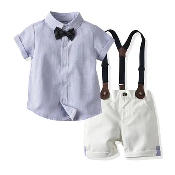 Нови комплекти джентльменской дрехи за малки момчета, риза с къс ръкав и една пеперуда, Потник + Шорти на подтяжках, детски дрехи за момчета