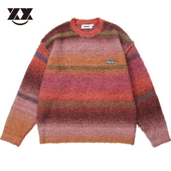 Модерен случайни пуловер в стил харадзюку, унисекс, възли пуловери в разноцветную ивица, мъжки уличен пуловер Y2K, градинска дрехи есен-зима