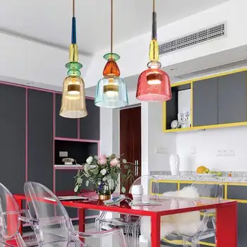 Висящи лампи от цветно стъкло в стил ретро със скандинавски дизайн за ресторант, бар, спалня, творчески лампи, кухненски висящи лампи, лампи за хранене