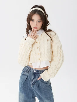 Корейски модни къси дамски блузи 2023, нов ежедневието на обикновен вязаный пуловер + съкратен топ с дълги ръкави, Свободни дамски ризи, комплект от две части