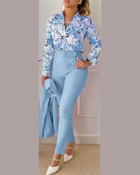 Пролетно-есенен модерен женски офис комплект от две части - Casual Риза с копчета с принтом и Панталони с колан OL Outifit