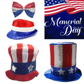 Американската парти в чест на Деня на независимостта, с висока шапка, на САЩ, на 4 юли, американска шапка, носи вратовръзка с пайети, декор за парти в чест на Деня на националната независимост