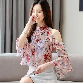 Шифоновая дамска блуза с цветя, корейската модни дамски дрехи, летни свободни блузи с къси ръкави и открити рамене, дрехи за жени