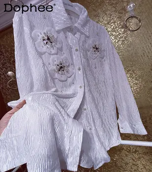 Елегантна Перлена бяла копринена блуза с Нежни Цветя, Приказно красива Поло яка, риза с копчета и дълъг ръкав, 2023, Пролет-Лято, Нови тениски