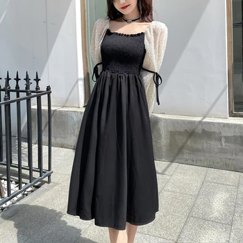 Френското винтажное рокля на точки, дамско дантелено мозайка елегантна черна рокля на принцеса, есен корейското сладко цельнокроеное рокля за парти