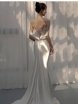2023 Леки булчинска рокля с отворен гръб, класически атласное сватбена рокля на Русалка с влак, Елегантна плажна сватбена рокля