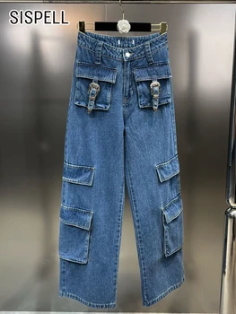 Сини дънкови панталони SISPELL с висока талия и джоб в стил мозайка, ежедневни свободни дънки с темперамент, дамски модни дрехи 2023, Новост