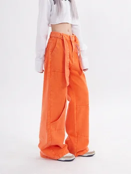 Оранжеви и Черни Дамски Дънки, Дънкови Панталони с Колан дантела, джоб-карго, модни градинска облекло в стил харадзюку, y2k, дълги панталони в пода на приятел